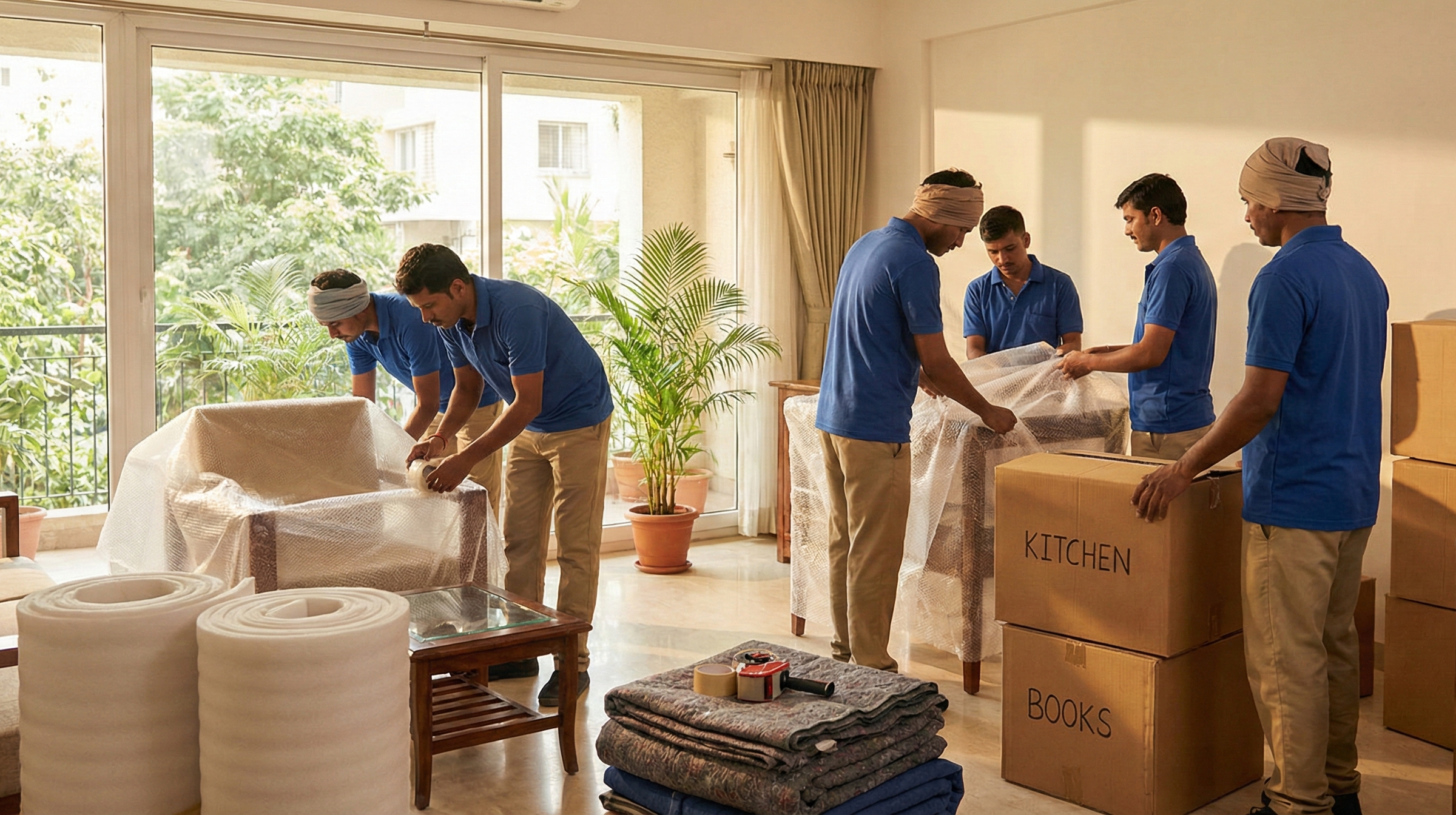 Wide photorealistic banner showing Indian professional movers packing household items inside a clean, modern Indian home.