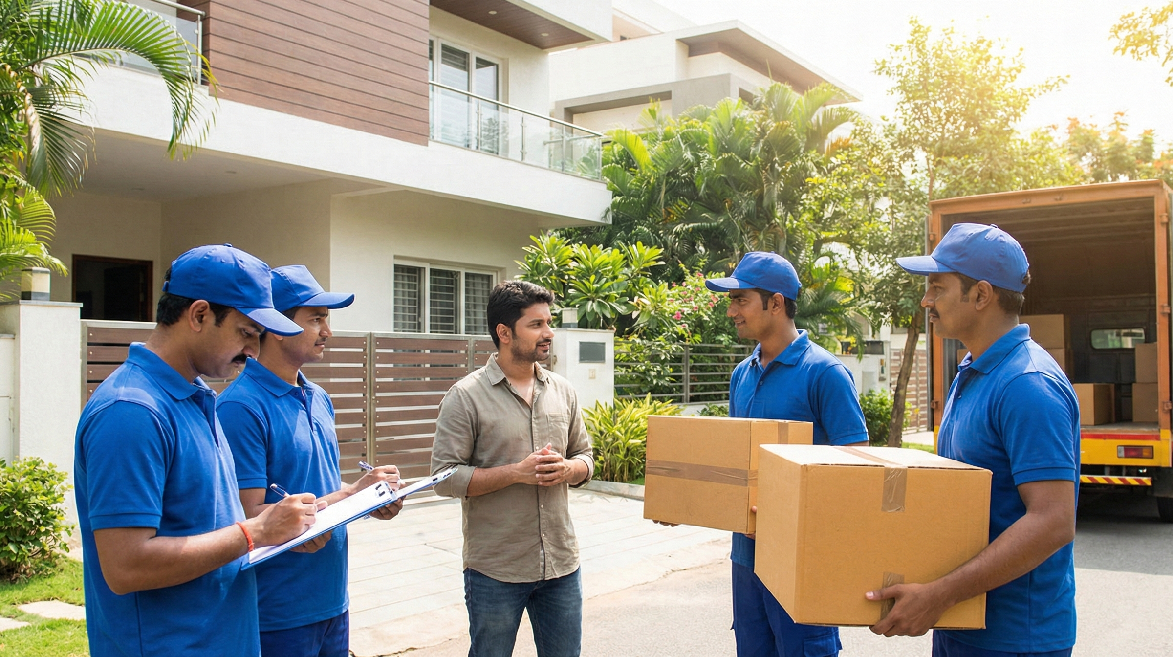 Wide photorealistic banner of Indian packers and movers team talking to a customer outside a modern Indian home.